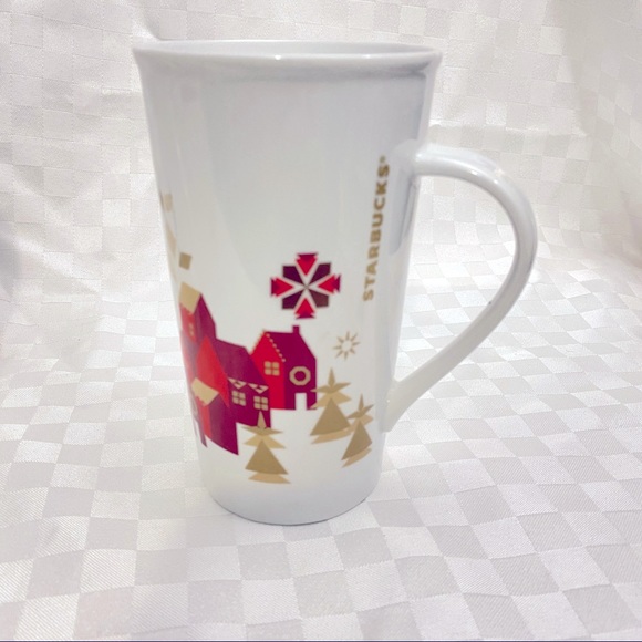 Starbucks 2013 Holiday Christmas Village Coffee Mug 18 oz Tall Red Gold Houses - Picture 2 of 9